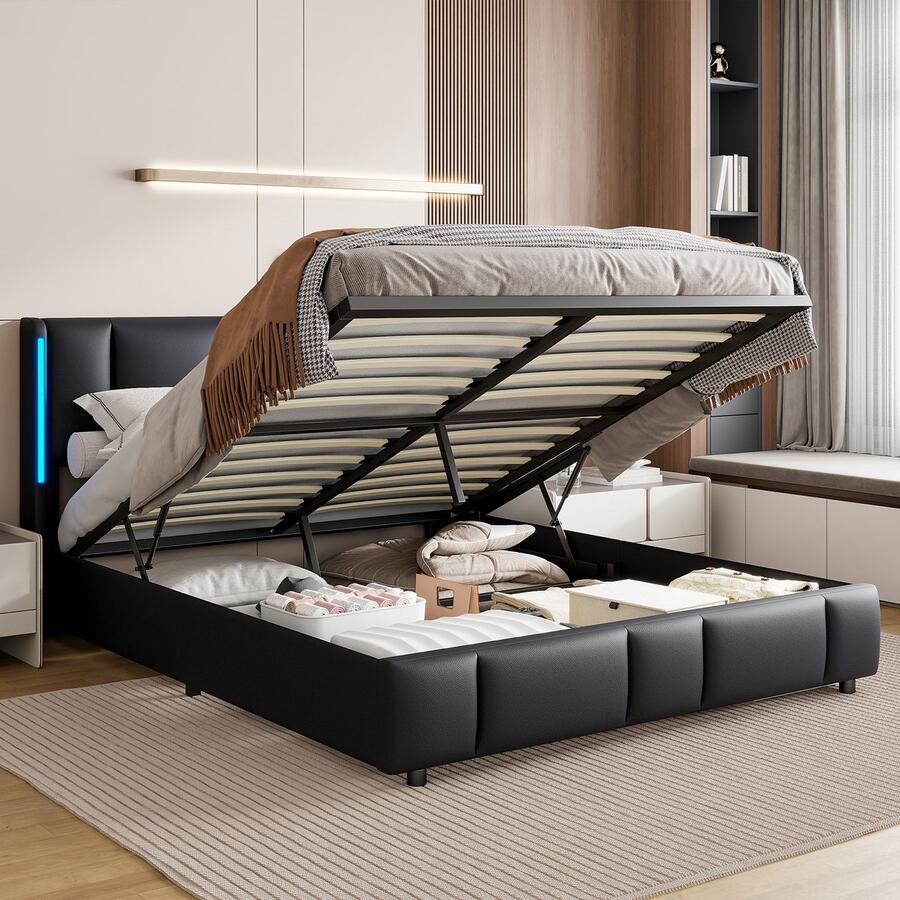 SHOPENTRA Tweepersoonsbed 140x200 cm – Zwart PU Opbergbed met Gasveer LED Verlichting & USB Oplaadpunt