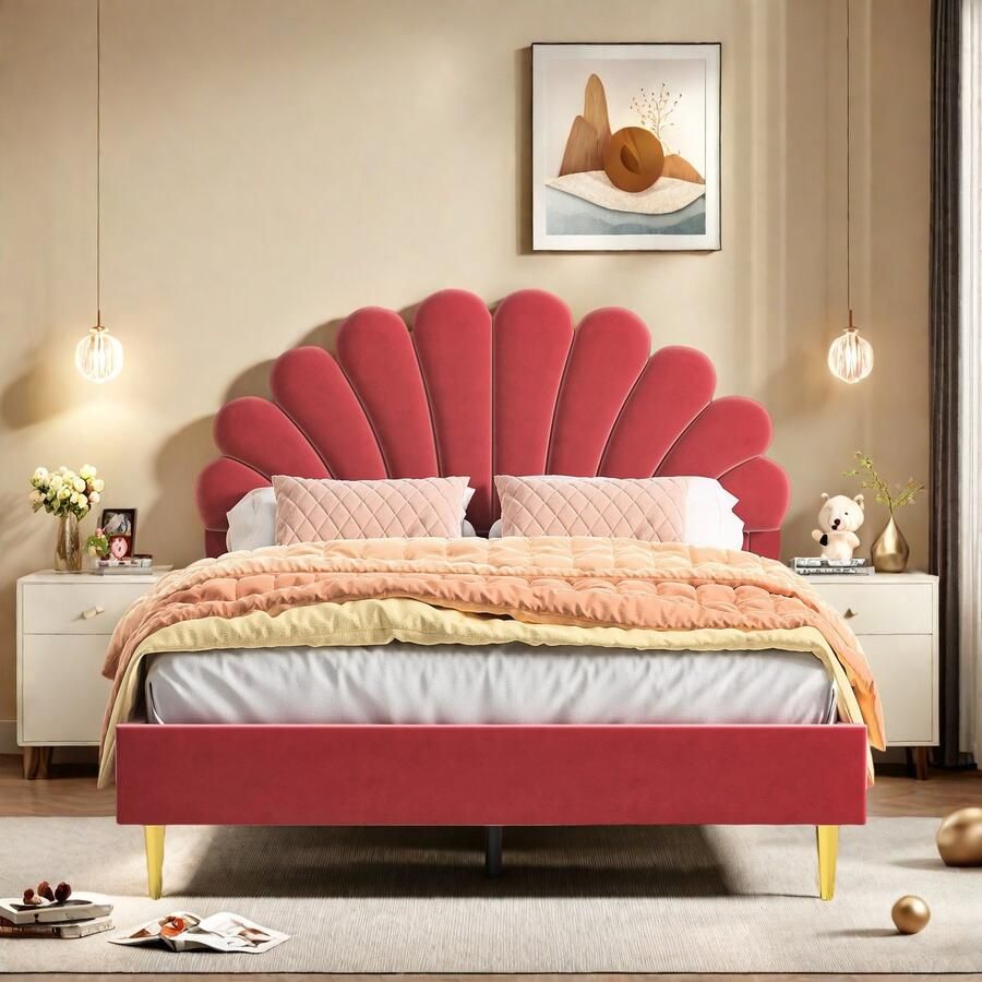 SHOPENTRA Tweepersoonsbed 140x200 – Rood Fluwelen Gestoffeerd Bed met Bloem Hoofdbord