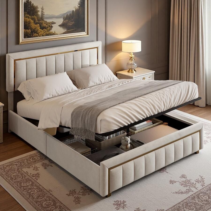 SHOPENTRA Tweepersoonsbed 140x200cm – Beige – Opbergbed met Gasveer – Ruimtebesparend Bed