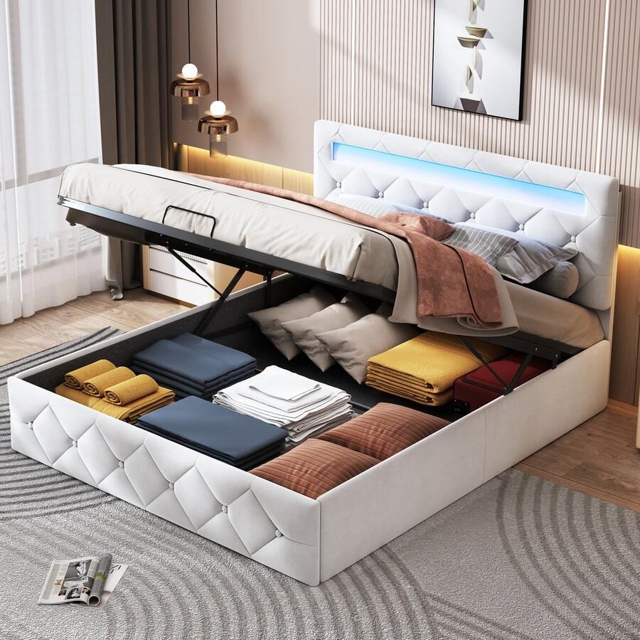 SHOPENTRA Tweepersoonsbed 140x200cm – Gasveer Opbergbed met LED Hoofdbord en Kleurrijke Verlichting – Verstelbare Hoofdbordhoogte Fluweel