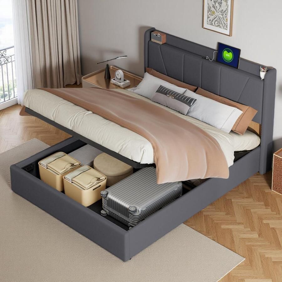 SHOPENTRA Tweepersoonsbed 140x200cm met Opbergruimte en USB-C Hydraulisch Linnen Bed met Lattenbodem en Hoofdbord grijs