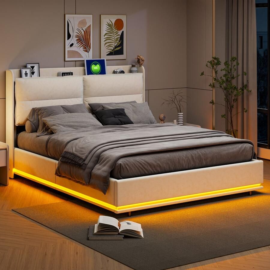 SHOPENTRA Tweepersoonsbed 140x200cm met USB-oplaadpunt en LED-verlichting opberg-hoofdbord hydraulisch boxspringbed met lattenbodem jeugdbed functioneel bed