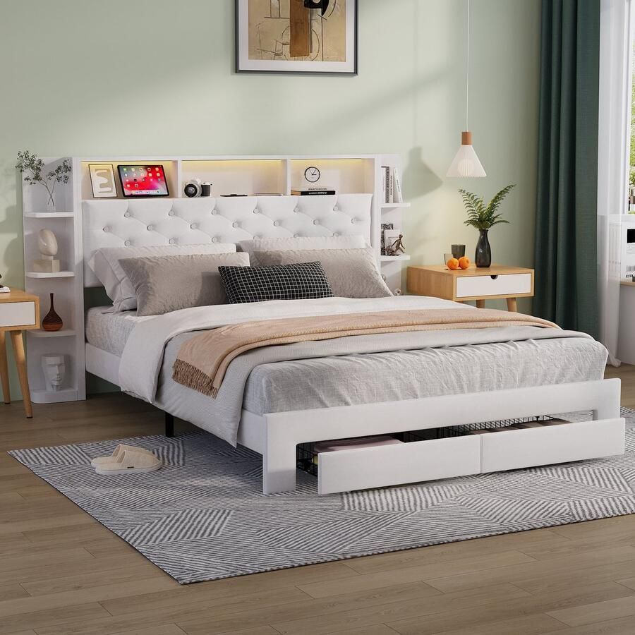 SHOPENTRA Tweepersoonsbed 160x200cm met USB Stopcontacten LED 2 Lades en Lattenbodem Massief Houten Opbergbord Wit