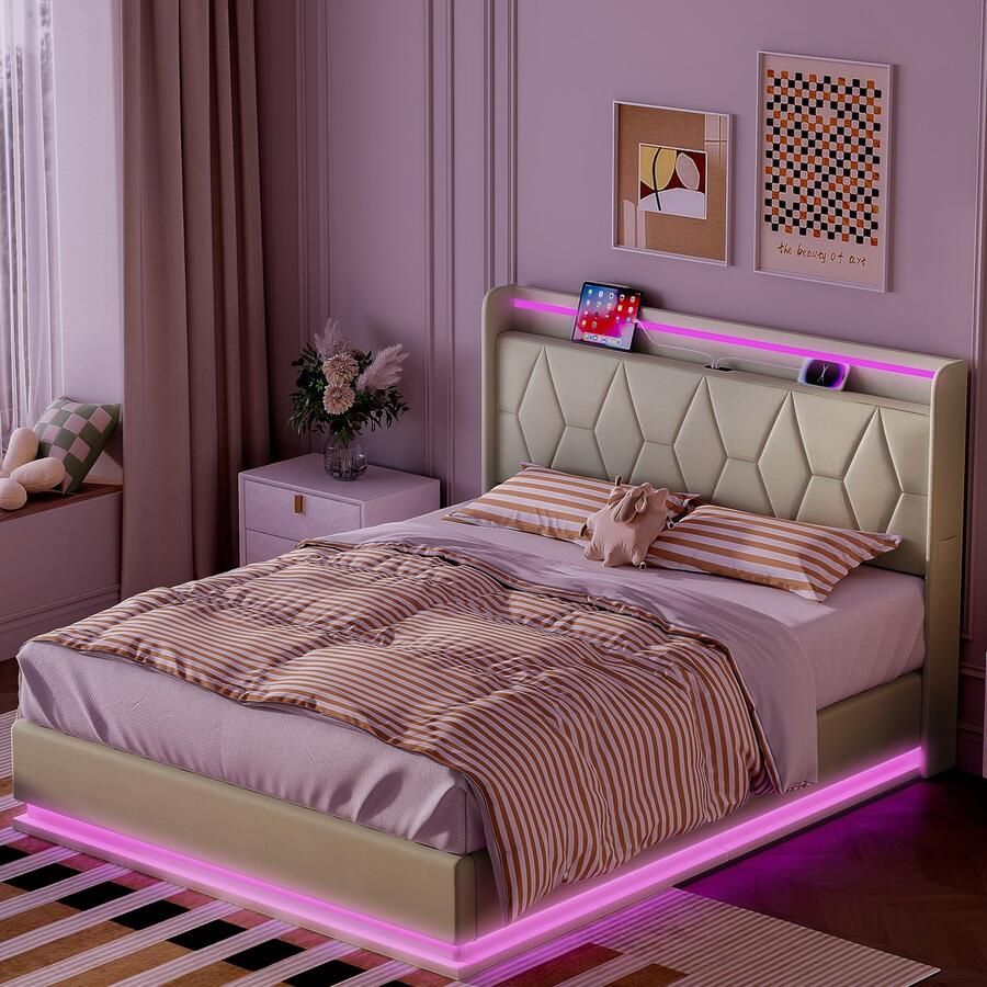 SHOPENTRA Tweepersoonsbed 140x200cm – Wit Fluwelen Opbergbed met LED Lichtstrip & USB – Gasveer Functie