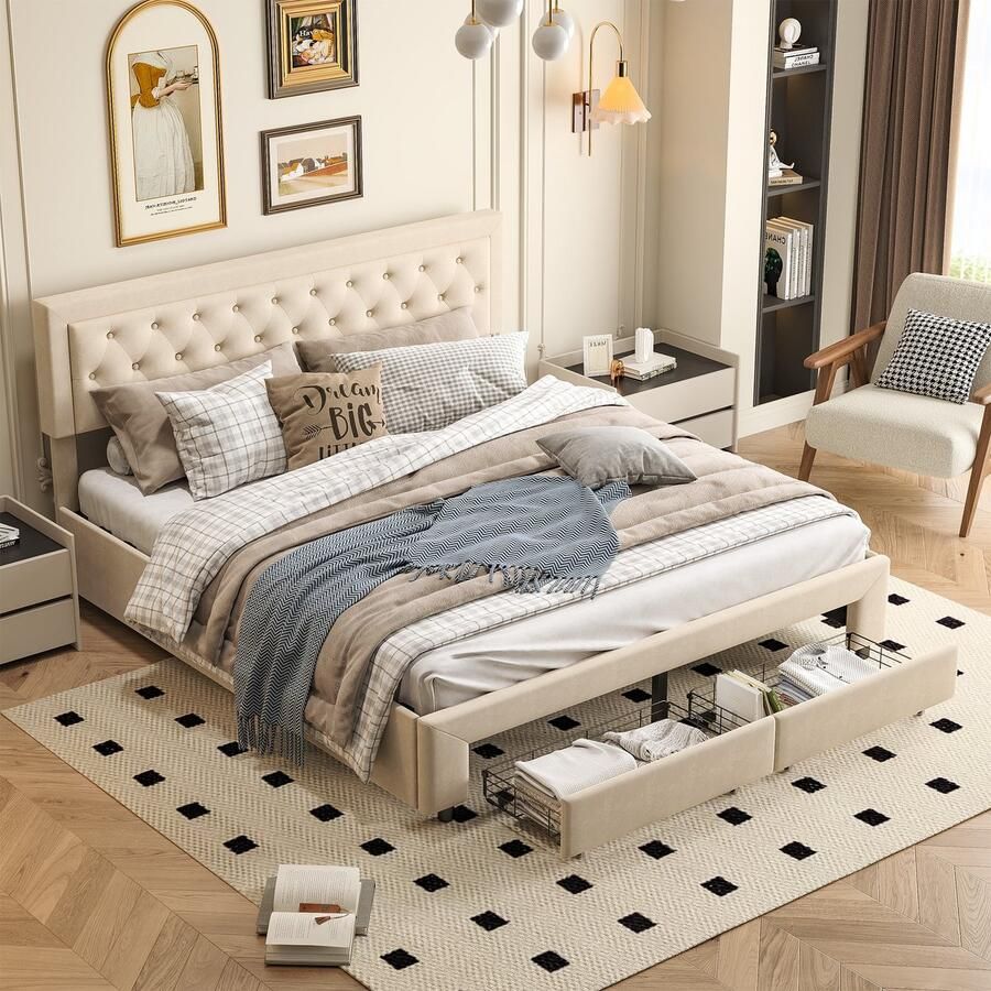SHOPENTRA Tweepersoonsbed 160x200 cm – Beige fluwelen opbergbed met 2 lades aan voeteneind – Modern slaapkamerbed met extra opbergruimte