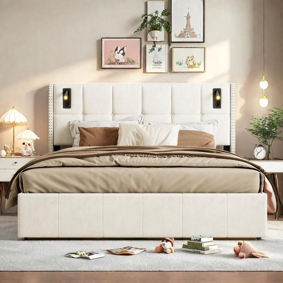SHOPENTRA Tweepersoonsbed 160x200 cm – Beige fluwelen opbergbed met hoofdbord en 2 leeslampjes – Modern slaapkamerbed