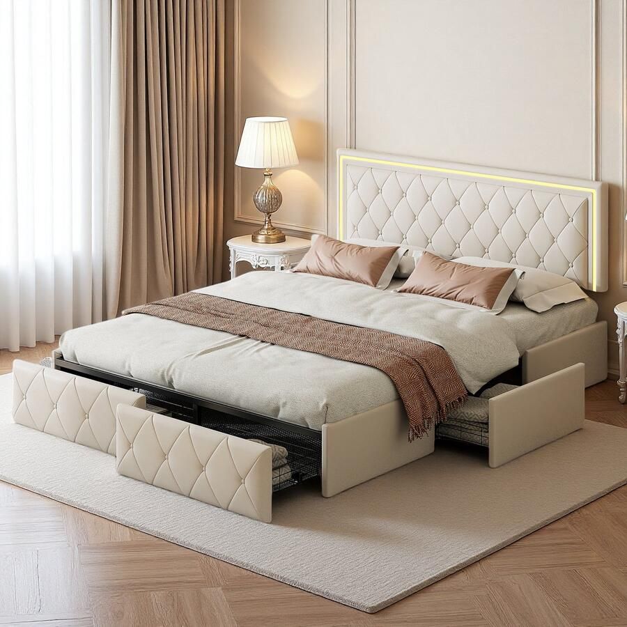 SHOPENTRA Tweepersoonsbed 160x200 cm – Beige PU Leder – LED Hoofdbord – 4 Opberglades – Modern Opbergbed