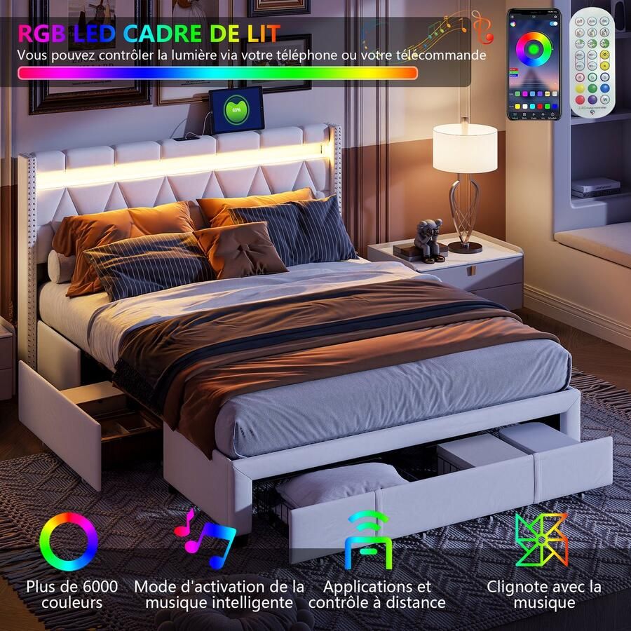 SHOPENTRA Tweepersoonsbed 160x200 cm – Gestoffeerd Bed met 3 Laden LED Hoofdbord & USB Inclusief Lattenbodem