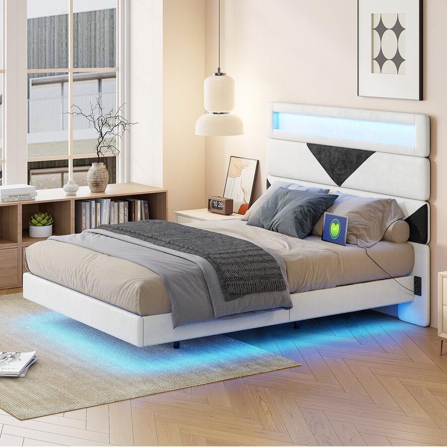 SHOPENTRA Tweepersoonsbed 160x200 cm – Gestoffeerd Fluwelen Bed met LED-verlichting USB Dubbele Oplaadpoort Bedhoofde- en Onderbalkverlichting