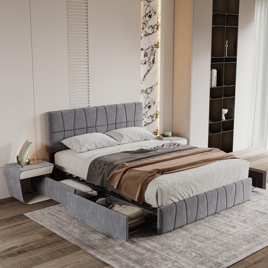 SHOPENTRA Tweepersoonsbed 160x200 cm – Gestoffeerd Opbergbed met 4 Lade van Metaal – Fluweel Grijs