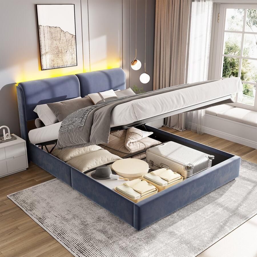 SHOPENTRA Tweepersoonsbed 160x200 cm – Gestoffeerd Opbergbed met Gasveer en LED-verlichting – Fluweel Grijs