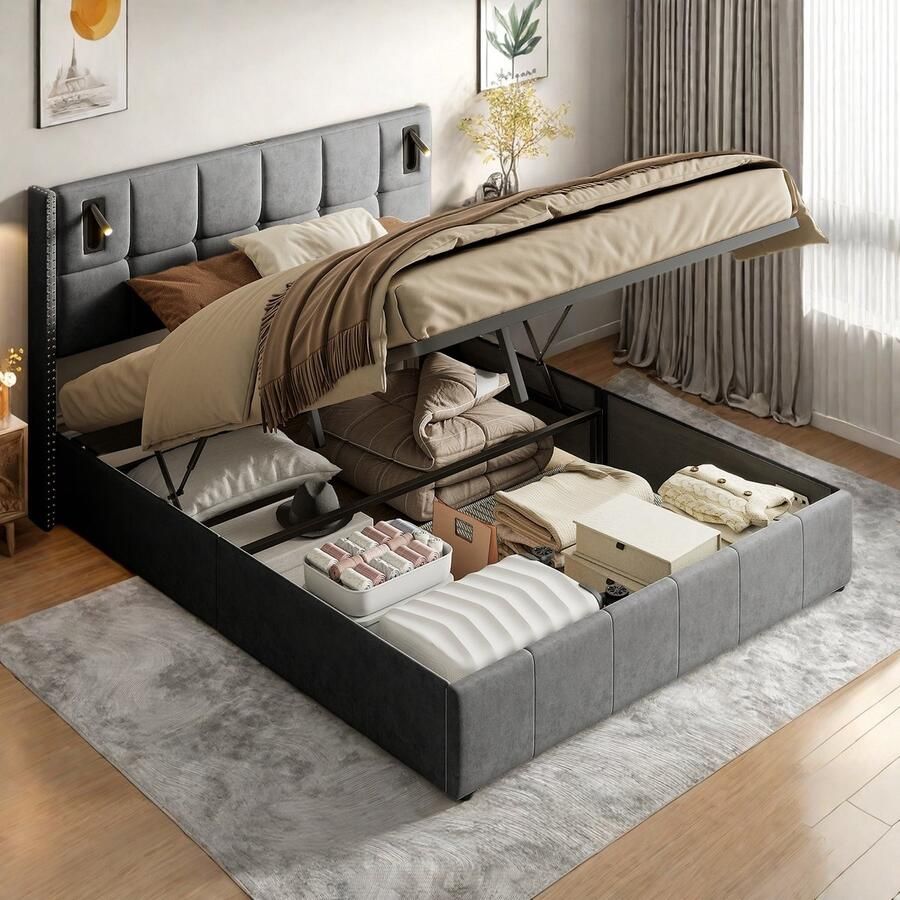 SHOPENTRA Tweepersoonsbed 160x200 cm – Grijs fluwelen opbergbed met 2 leeslampjes – Modern slaapkamerbed met opbergruimte