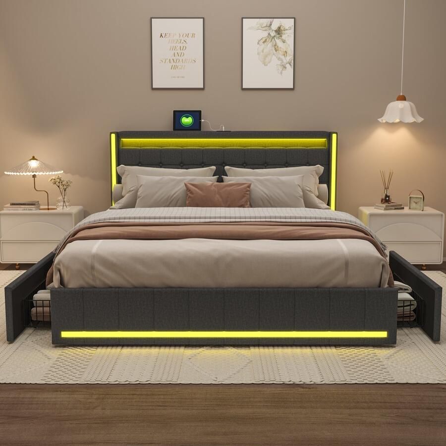 SHOPENTRA Tweepersoonsbed 160x200 cm – Grijs Linnen LED Hoofdbord & Voetbord 4 Laden USB Oplaadpunt Opbergruimte Bedframe