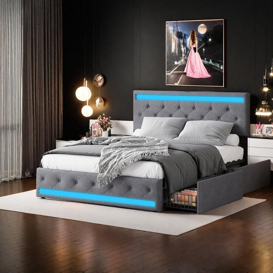 SHOPENTRA Tweepersoonsbed 160x200 cm – Grijs Linnen met LED Verlichting aan Hoofd- en Voeteneinde USB Oplaadpoort 4 Ruime Opbergladen Modern en Functioneel Design voor Slaapkamer