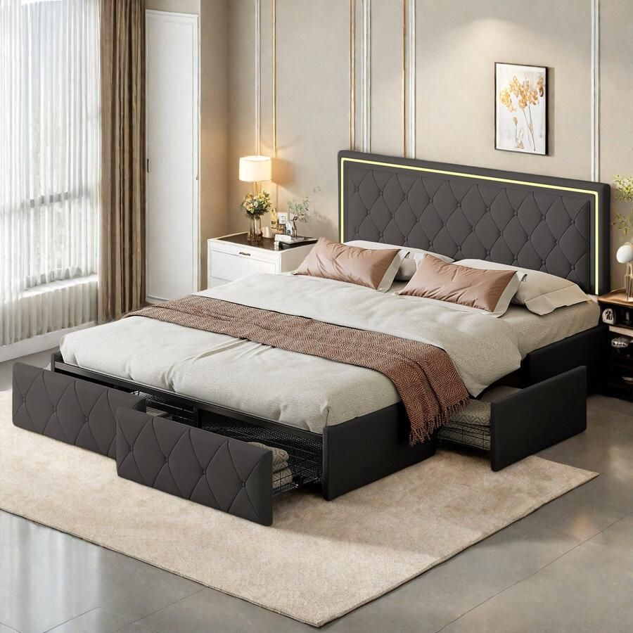 SHOPENTRA Tweepersoonsbed 160x200 cm – Grijs PU 3 Laden Gestoffeerd Bed met Lattenbodem