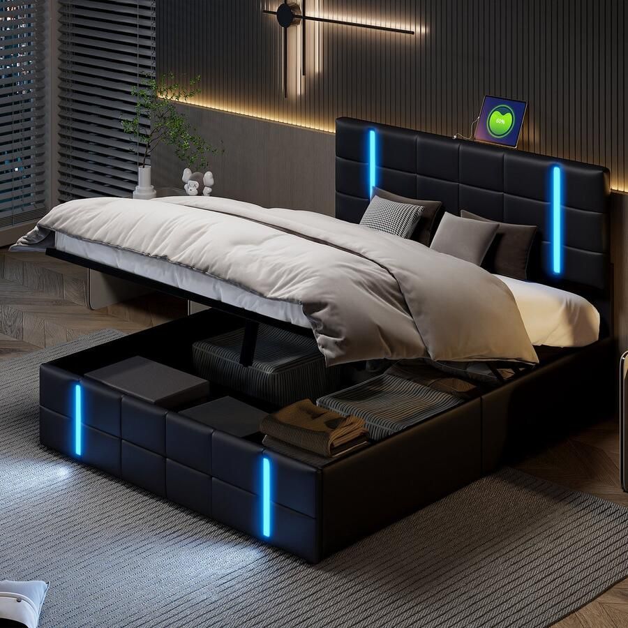 SHOPENTRA Tweepersoonsbed 160x200 cm in Zwart PU met LED USB Lattenbodem en Opbergruimte Jeugd- & Slaapkamerbed