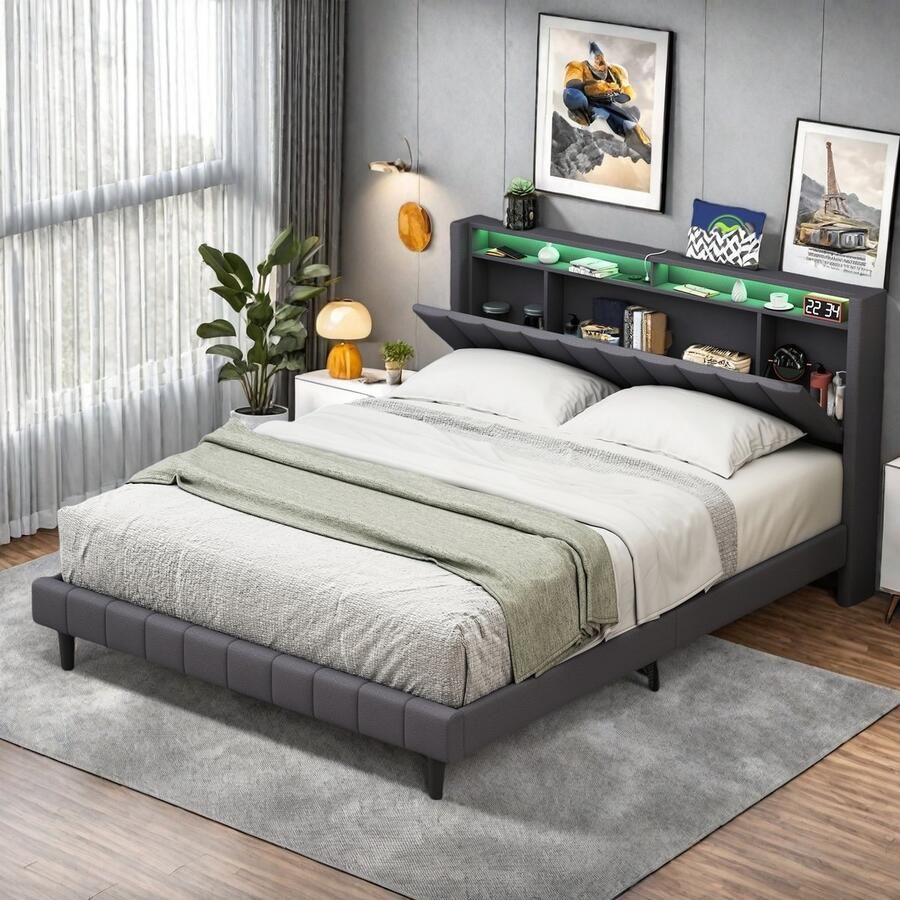 SHOPENTRA Tweepersoonsbed 140x200 cm met LED & USB Type-C Oplaadpunt Opbergvak in Hoofdbord Tweepersoonsbed met Lattenbodem Linnen Grijs