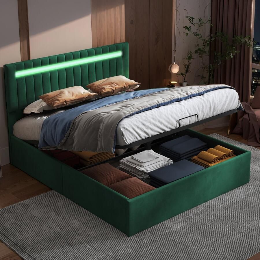 SHOPENTRA Tweepersoonsbed 160x200 cm met LED Opbergruimte – Hydraulisch Gestoffeerd Bed met Lattenbodem – Groen – Functiebed (zonder matras)