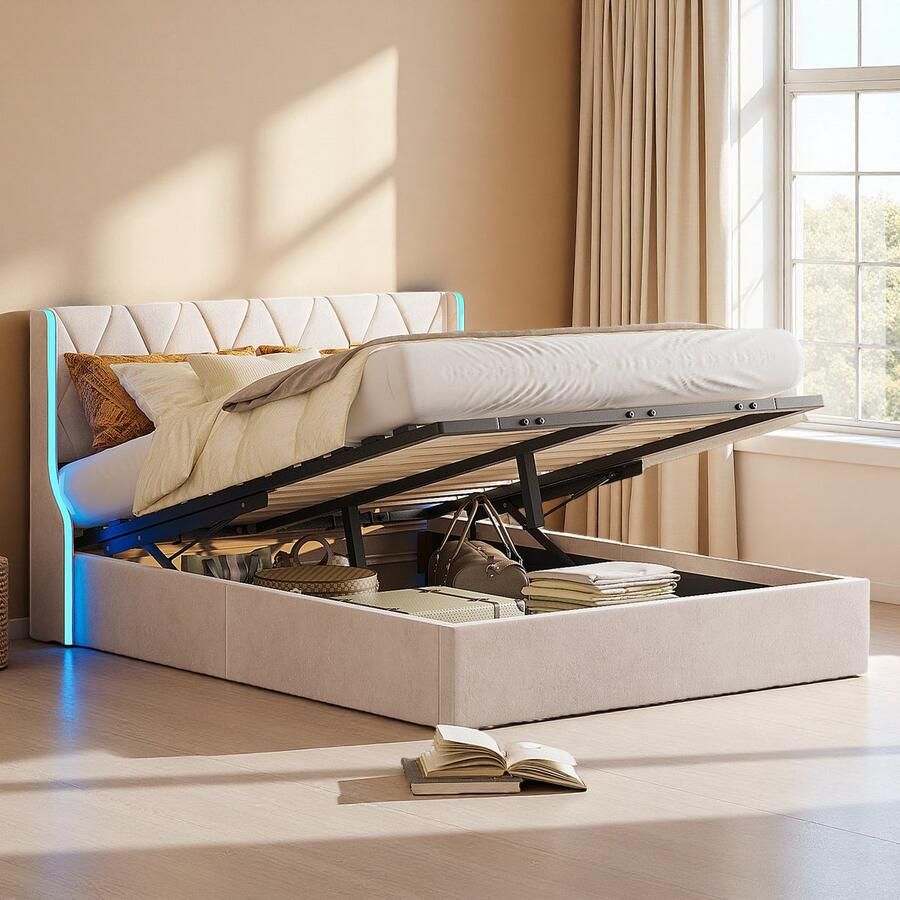 SHOPENTRA Tweepersoonsbed 160x200 cm met LED-verlichting Hydraulisch opbergbed met lattenbodem en opbergruimte fluweel