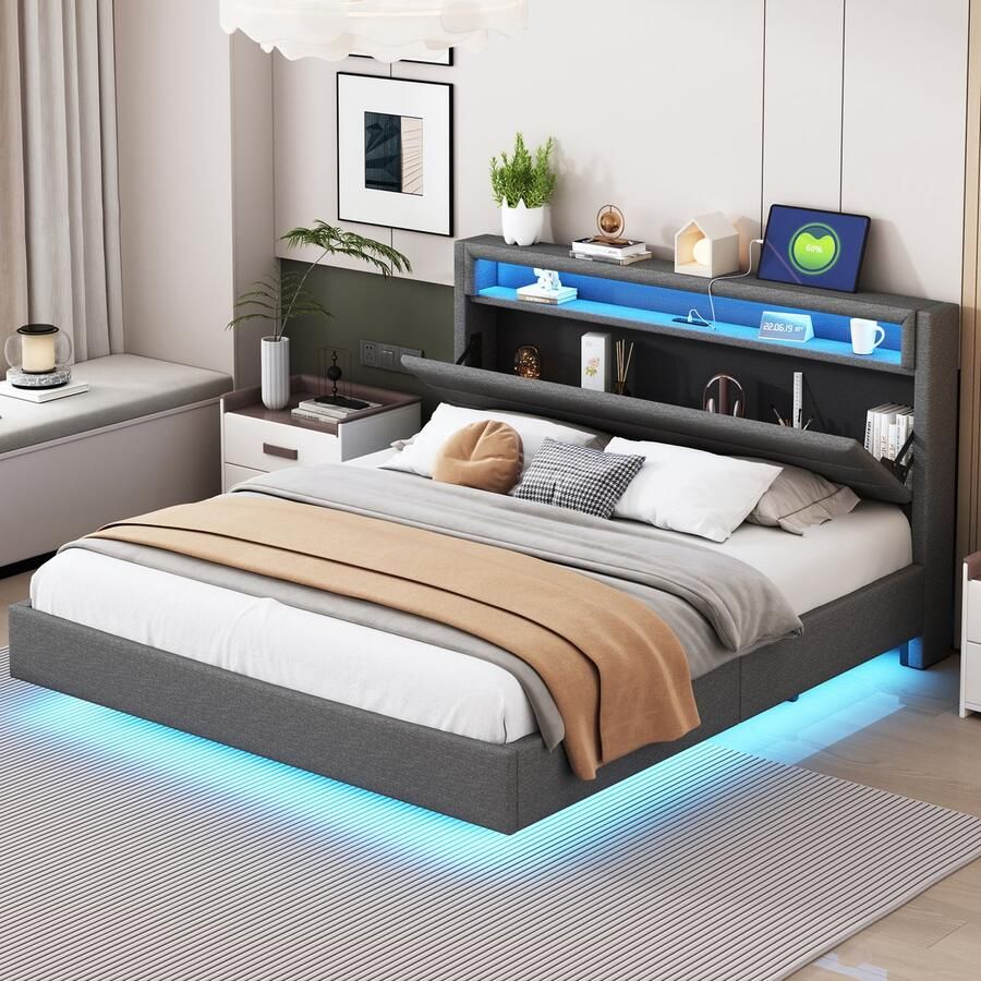 SHOPENTRA Tweepersoonsbed 160x200 cm – Met USB-oplaadpunt en LED-verlichting omkeerbaar hoofdbord linnen grijs