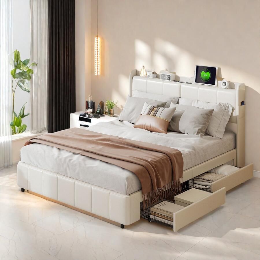 SHOPENTRA Tweepersoonsbed 160x200 cm – Wit Kunstleer – 4 Laden & USB Oplaadpunt