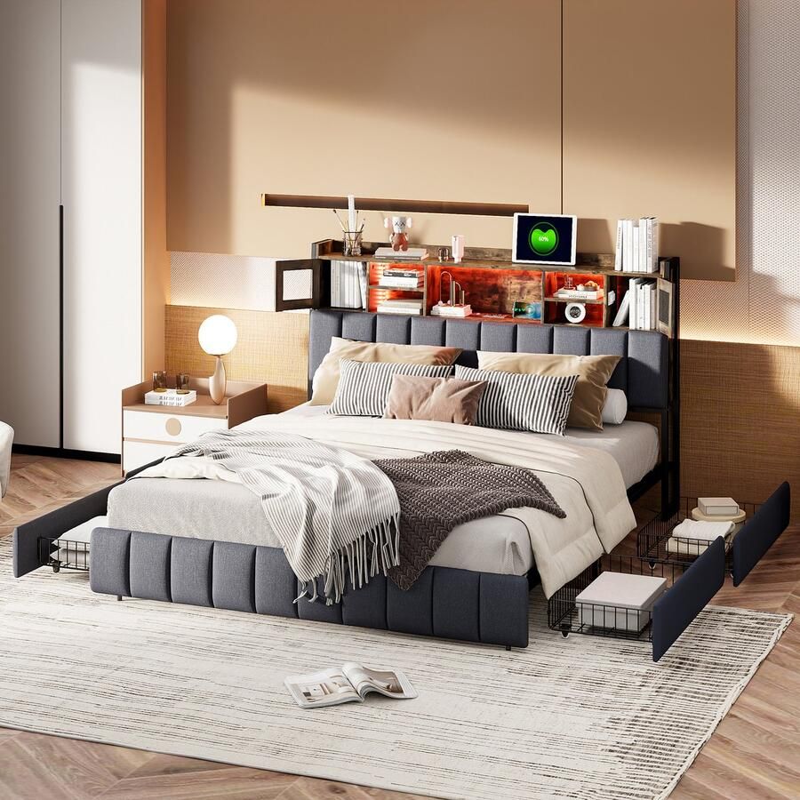 SHOPENTRA Tweepersoonsbed 160x200 cm zwart linnen met LED-hoofdbord USB-oplader lampstrip en 4 opberglades