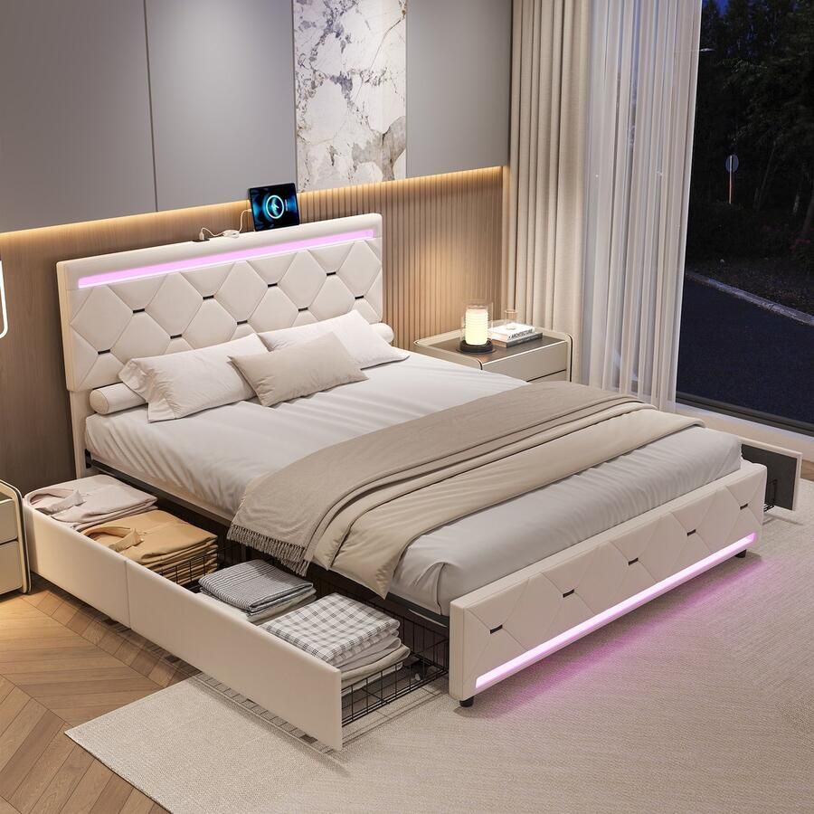 SHOPENTRA Tweepersoonsbed 160x200cm – Beige Fluwelen Bed met 4 Laden LED Lichtstrip & USB Oplaadpunt
