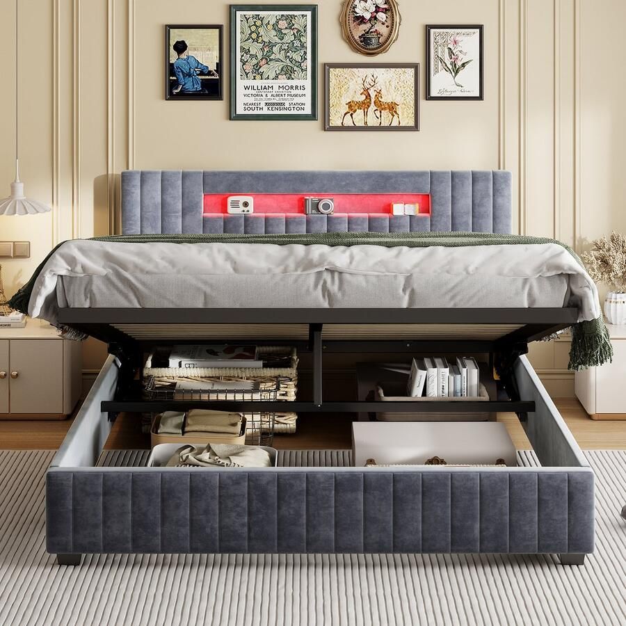 SHOPENTRA Tweepersoonsbed 160x200cm – Grijs Fluweel – Opbergbed met Gasveer & LED Hoofdbord