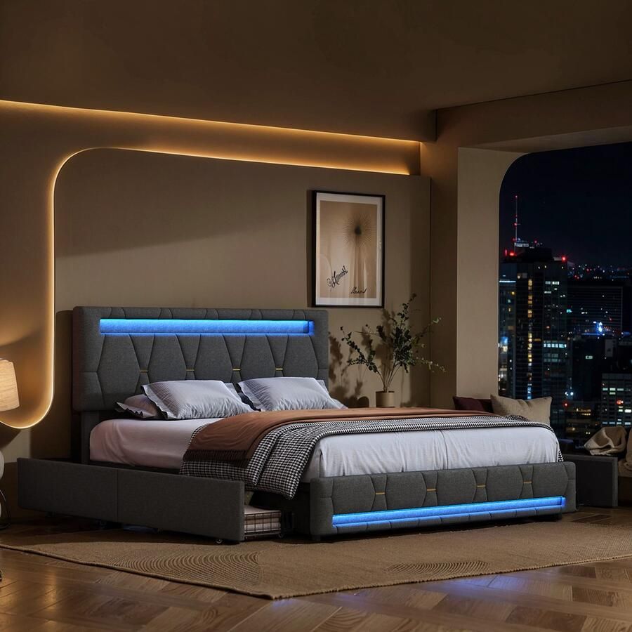 SHOPENTRA Tweepersoonsbed 160x200cm – Grijs Linnen Bed met 4 Laden LED & USB – Verstelbaar Hoofdeinde