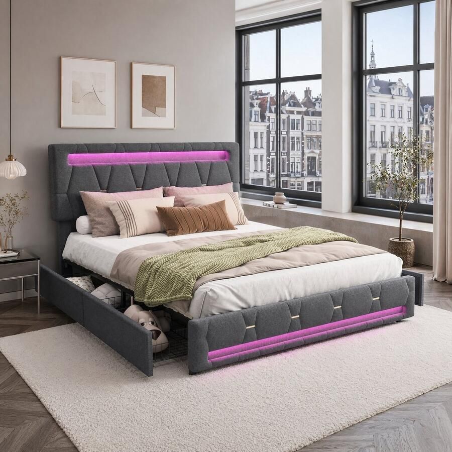 SHOPENTRA Opbergbed 160x200 cm grijs linnen met 4 lades LED-verlichting USB-oplaadpunt en verstelbaar hoofdbord gestoffeerd tweepersoonsbed
