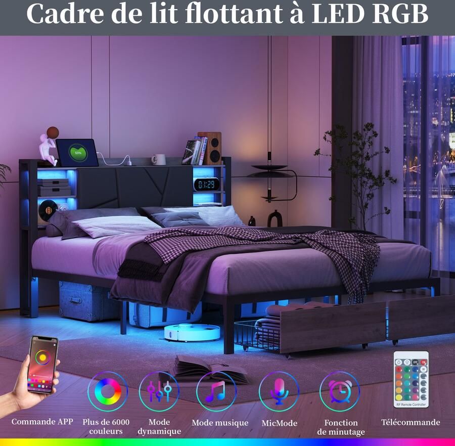 SHOPENTRA Tweepersoonsbed 160x200cm LED-lampen hoofdeinde & bedframe 2 lades voeteneind + USB-oplaadpoort