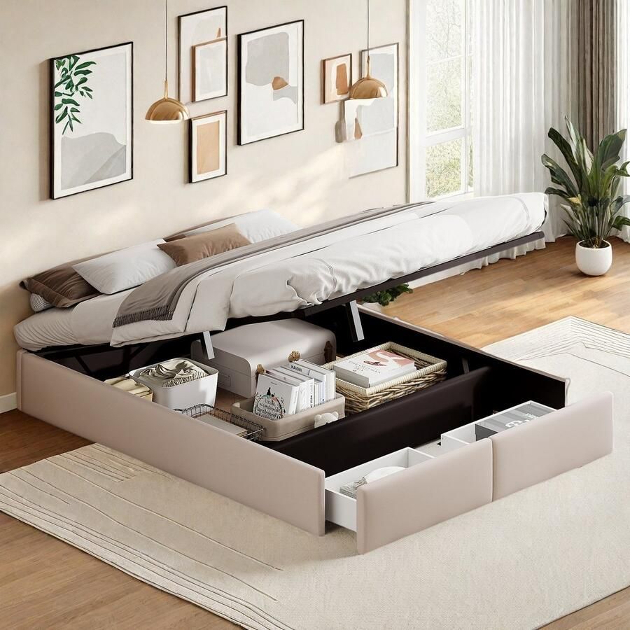 SHOPENTRA Tweepersoonsbed 160x200cm – Linnen Beige – Opbergbed met Gasveer en 2 Laden aan Voeteneinde – Zonder Hoofdbord
