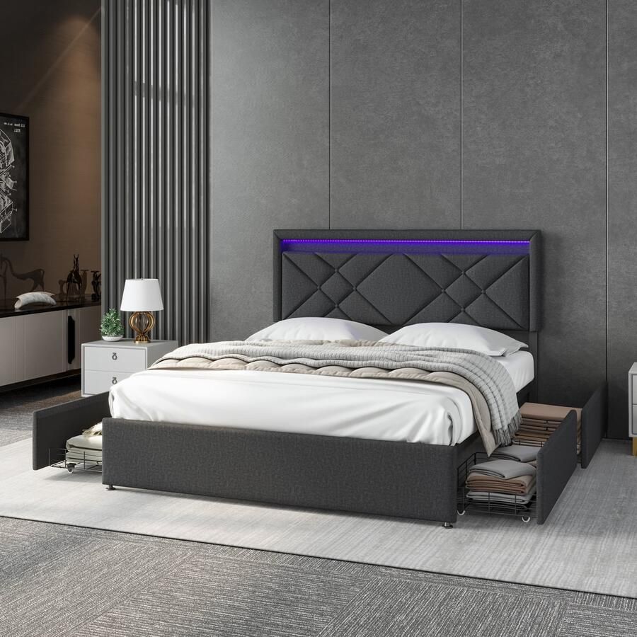 SHOPENTRA Tweepersoonsbed 160x200cm met lattenbodem 4 lades LED en USB Type-C massief hout linnen grijs