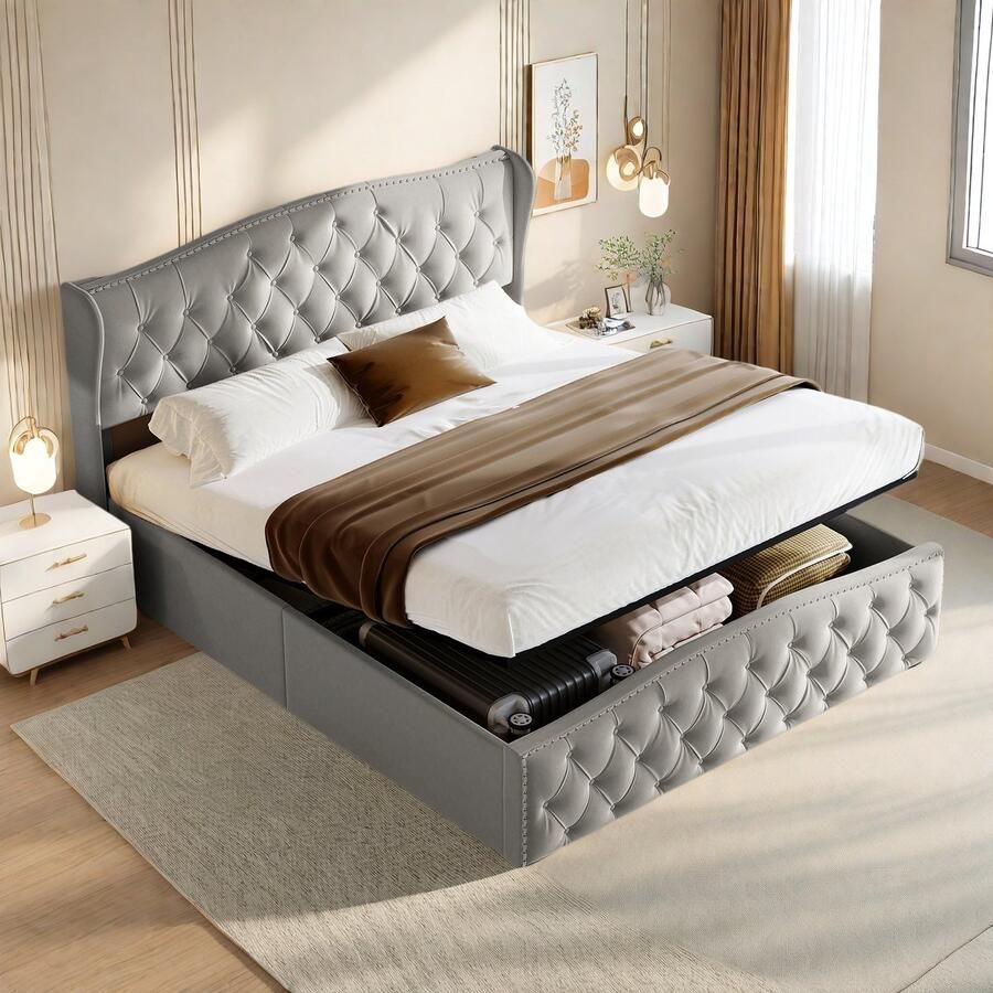 SHOPENTRA Tweepersoonsbed 160x200cm met Lattenbodem & Hydraulische Opbergruimte Gestoffeerd Boxspringbed van Fluweel voor Moderne Slaapkamer & Jeugdkamer