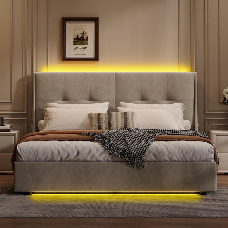 SHOPENTRA Tweepersoonsbed 160x200cm met Lattenbodem LED Hydraulisch Bed met Opbergruimte Beige