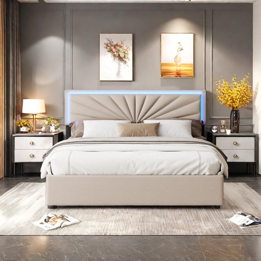 SHOPENTRA Tweepersoonsbed 160x200cm met LED & Verstelbaar Hoofdeinde Gestoffeerd Bed met Lattenbodem en 4 Lade Opbergbed van Linnen