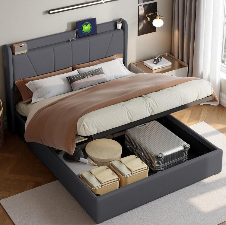 SHOPENTRA Tweepersoonsbed 160x200cm met Opbergruimte en USB-C Hydraulisch Linnen Bed met Lattenbodem en Hoofdbord grijs