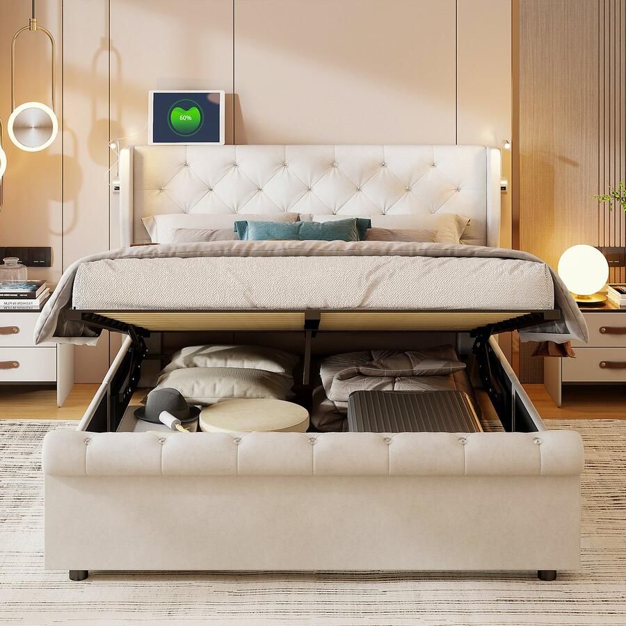 SHOPENTRA Tweepersoonsbed 160x200cm met USB LED hydraulisch opbergbed continental bed jeugdbed met lattenbodem en opbergruimte fluweel