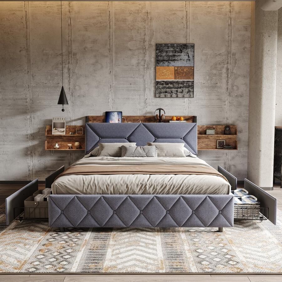 SHOPENTRA Tweepersoonsbed 160x200cm met USB Type-C 4 Lades en Comfort Rugleuning