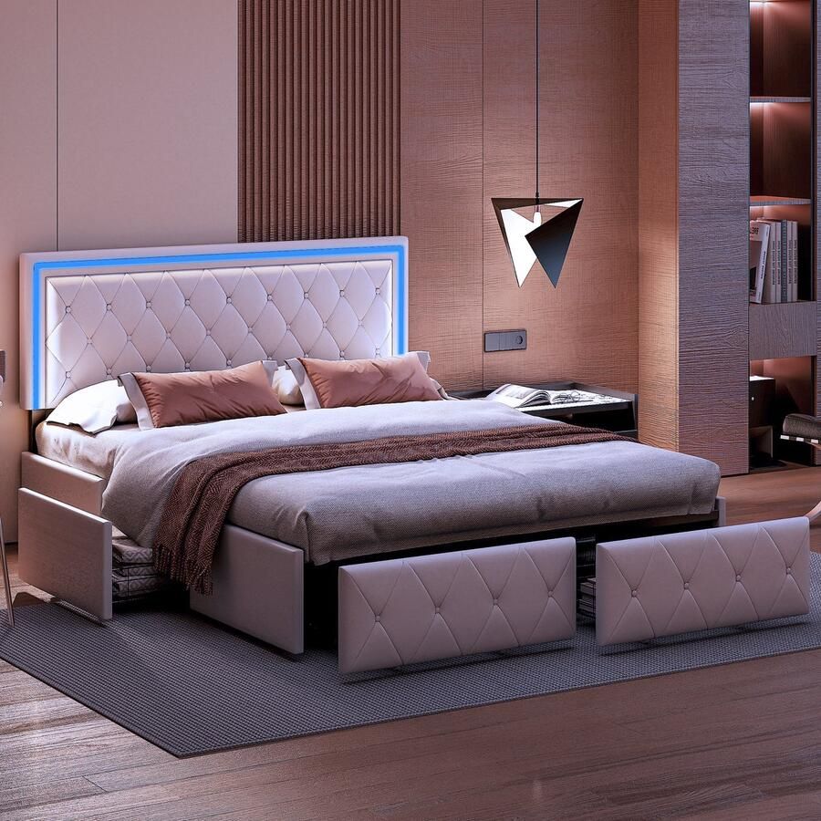 SHOPENTRA Tweepersoonsbed 160x200cm – PU Leer Beige – Modern Opbergbed met 4 Laden & LED Verlichting in Hoofdbord