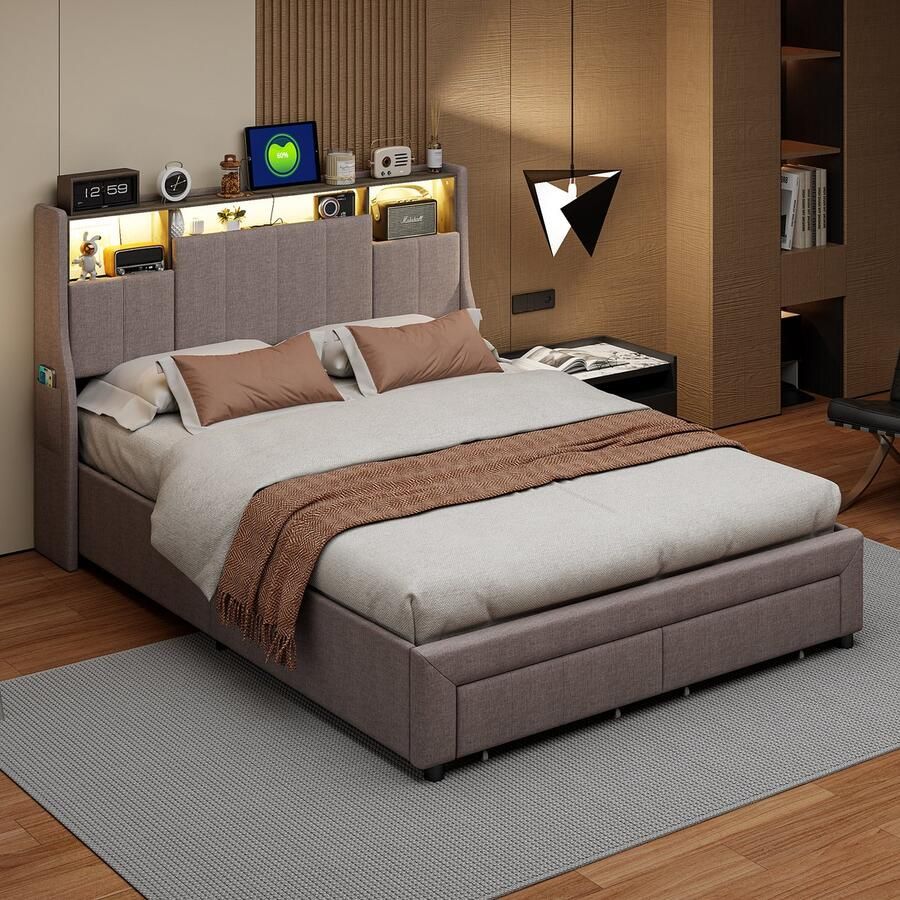 SHOPENTRA Tweepersoonsbed 160x200cm tienerbed tweepersoonsbed met 2 lades opbergbed massief houten bed met LED C-profiel en lattenbodem linnen grijs