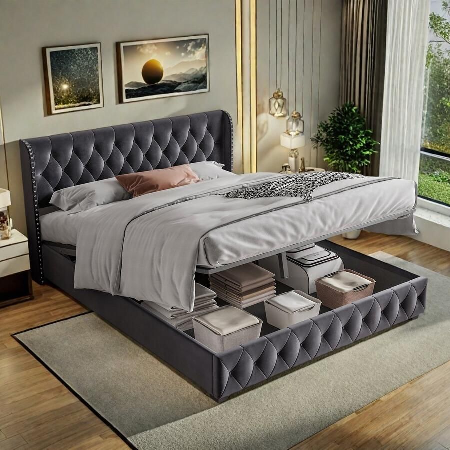 SHOPENTRA Tweepersoonsbed 180x200 cm – Gestoffeerd Fluwelen Bed met Hydraulische Opbergruimte Donkergrijs