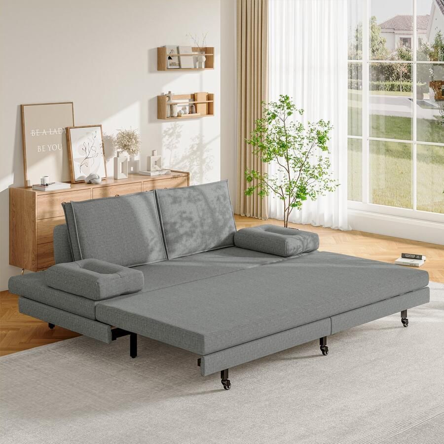 SHOPENTRA Uitschuifbare Slaapbank 90x200 tot 180x200 – 2 Persoons Sofa Bed – Ruimtebesparend – Grijs Linnen – Comfortabel & Modern Design