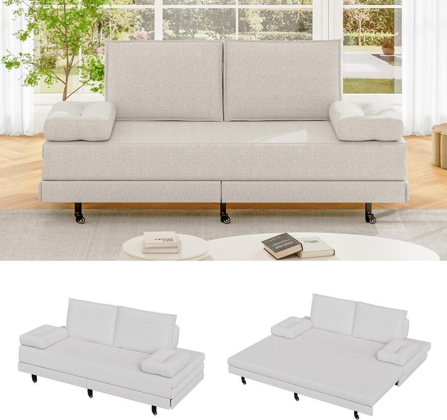 SHOPENTRA Uitschuifbare Slaapbank 90x200 tot 180x200 – 2 Persoons Sofa Bed – Ruimtebesparend – Wit Linnen – Comfortabel & Modern Design