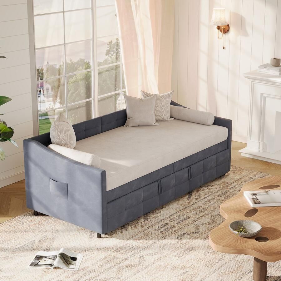 SHOPENTRA Uitschuifbare Slaapbank 90x200cm – Grijze Fluwelen Bedbank Uitklapbaar tot 180x200cm Comfortabele Logeerbed met Hydraulisch Mechanisme