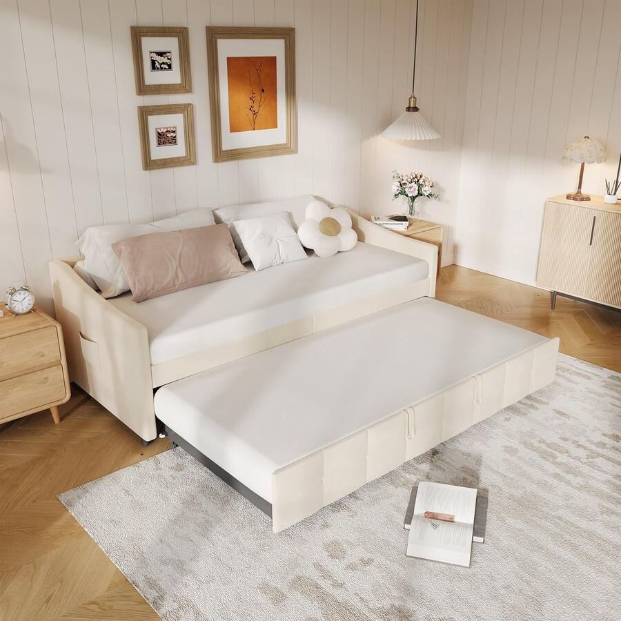 SHOPENTRA Uitschuifbare Sofa Bed 90x200cm – Crèmekleur Fluweel Comfortabele Slaapbank Van Sofa naar Bed Ruimtebesparend Ontwerp