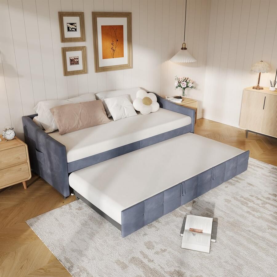 SHOPENTRA Uitschuifbare Sofa Bed 90x200cm – Luxe grijs Fluwelen Slaapbank Van Bank naar Bed Compact & Modern Design