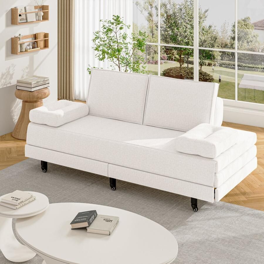SHOPENTRA Uitschuifbare Sofa Bed 90x200cm – Witte Linnen Stoffering Comfortabele Slaapbank Van Sofa naar 180x200 Bed Multifunctioneel en Ruimtebesparend