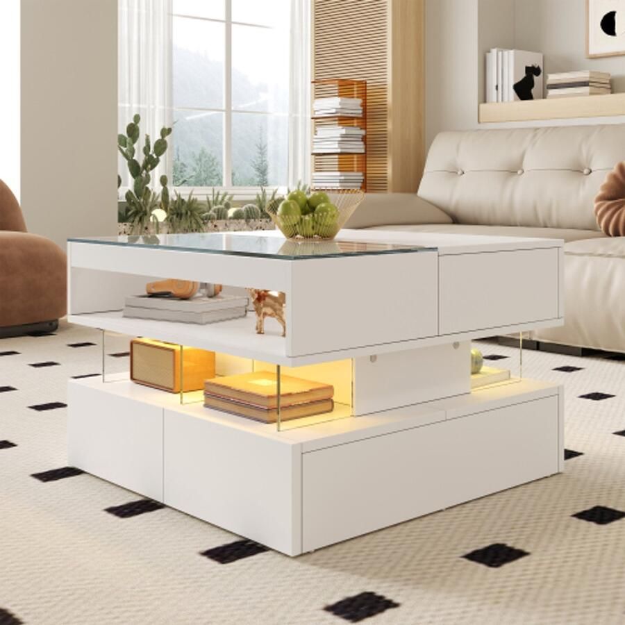 SHOPENTRA Verstelbare Salontafel met LED-verlichting – Moderne Tafel met 16 Kleuren Licht Glazen Blad en Acryl Steunen – 70×67×57 cm