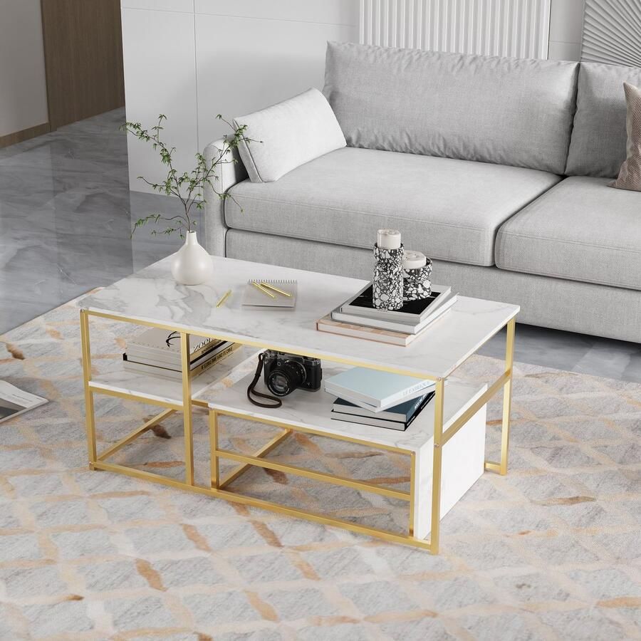 SHOPENTRA Vierkante salontafel – Wit marmerlook met goud metalen frame – Moderne koffietafel woonkamer